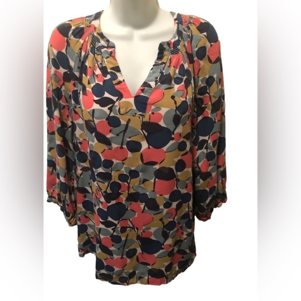Boden Floral Tunic Top  Sz. 10  3/4 Sleeve Boho Bohemian Blouse V Neck Casual